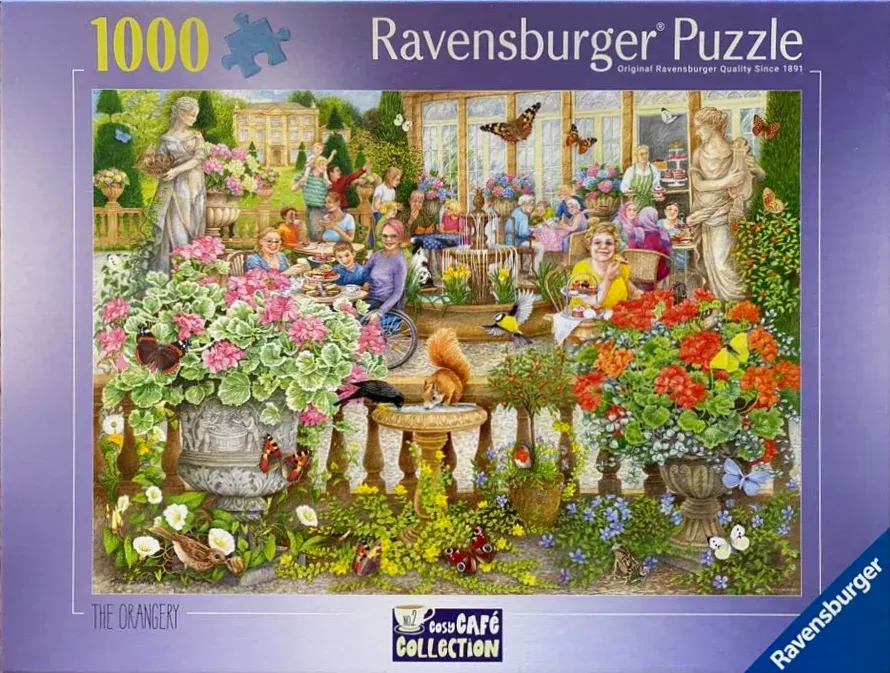 Illustration of people enjoying tea and conversation in a lush, sunny orangery with statues, flowers, and garden wildlife.