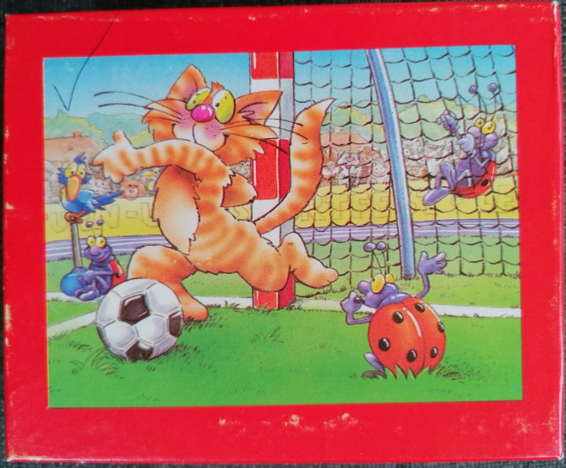 Cartoon illustration of an orange tabby cat playing soccer against ladybugs in front of a goal net.