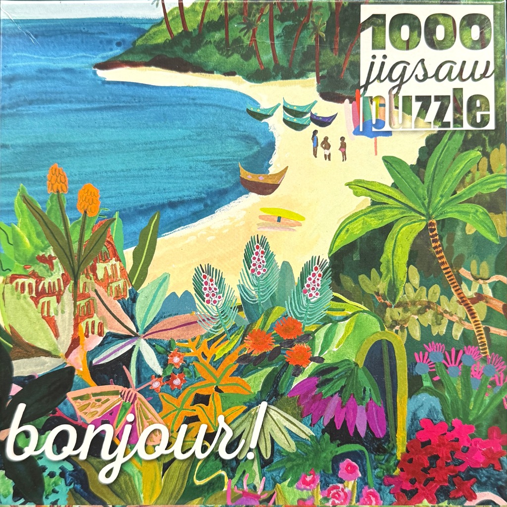 Illustration of a tropical beach cove framed by lush, vibrant jungle foliage and flowers.
