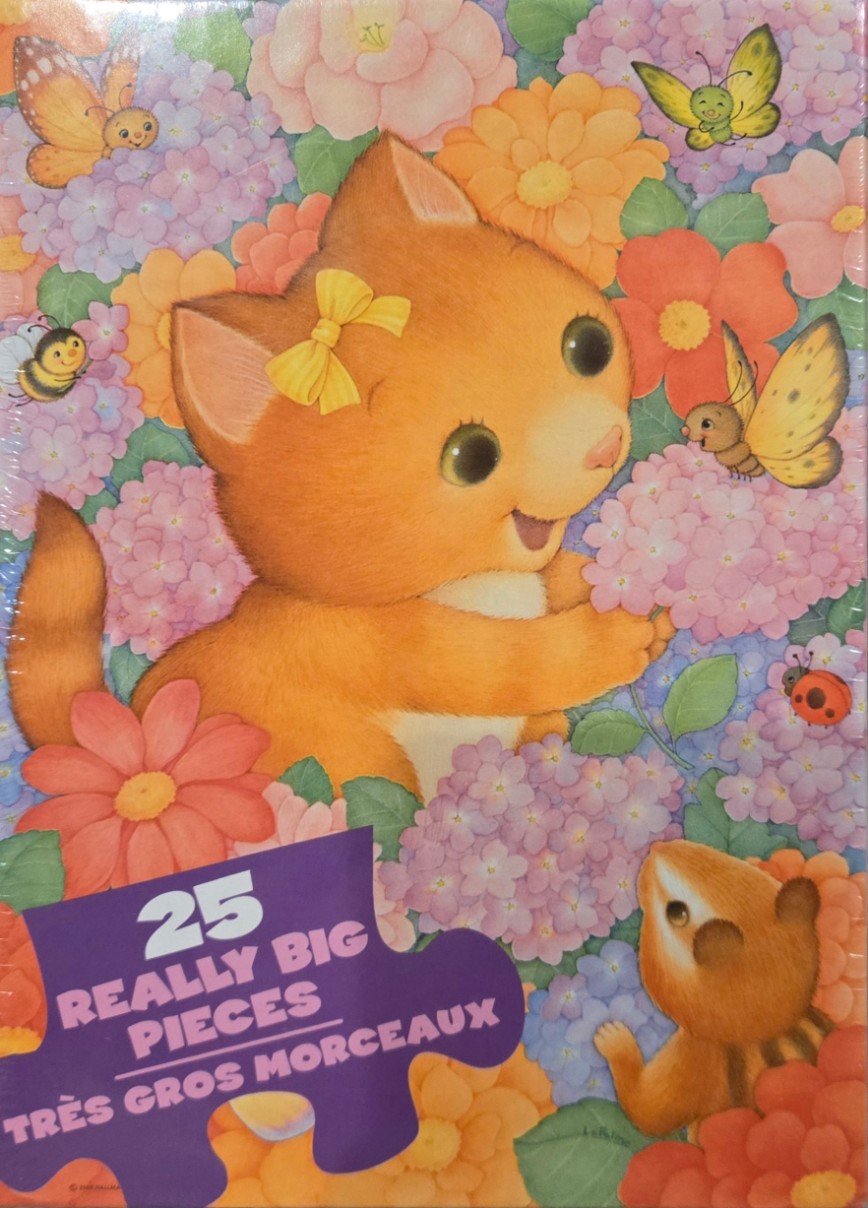 A cartoon orange kitten wearing a yellow bow in a lush garden with flowers, butterflies, and a small chipmunk.
