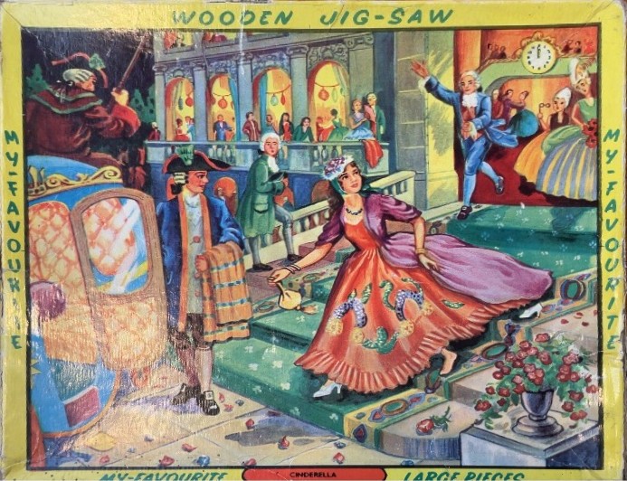 Illustration of Cinderella fleeing a ball, leaving her glass slipper behind for the Prince to find.