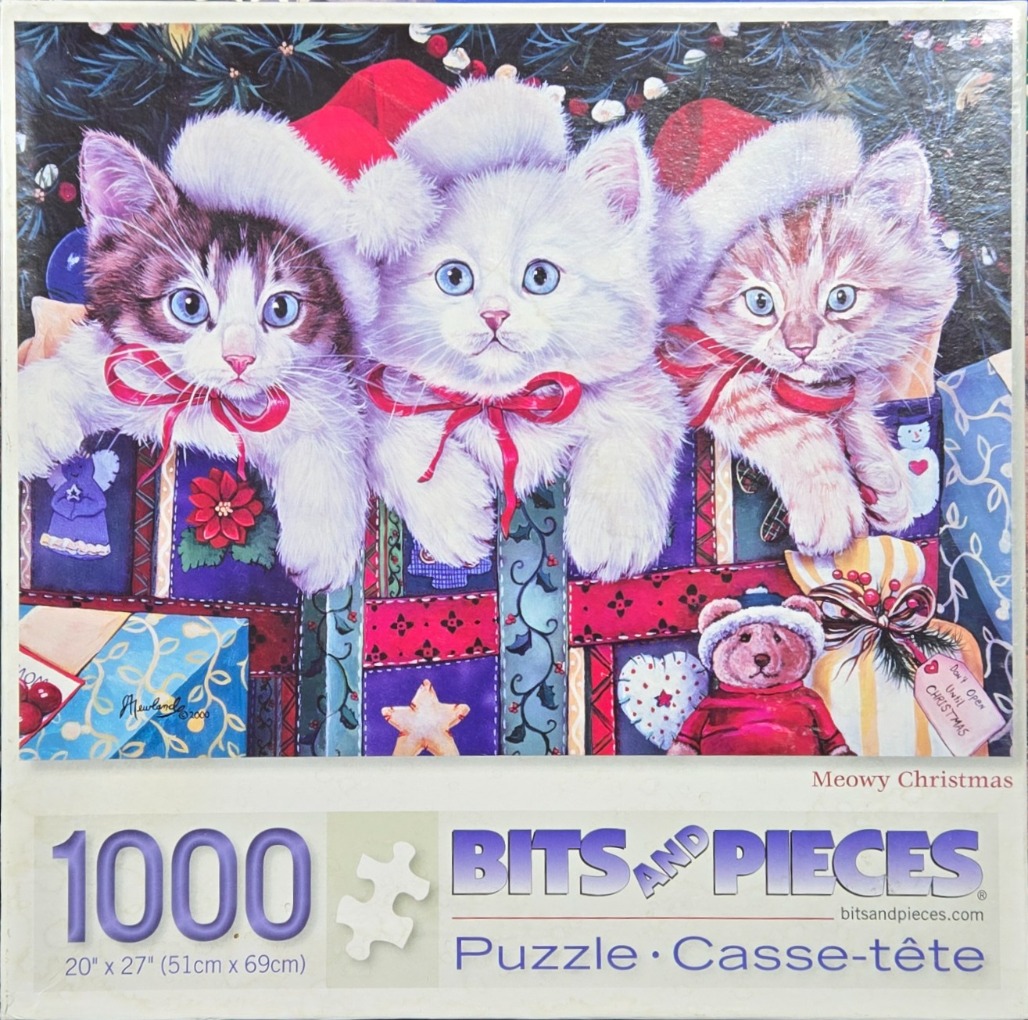 Three kittens wearing Santa hats peeking out of a gift box filled with Christmas presents.