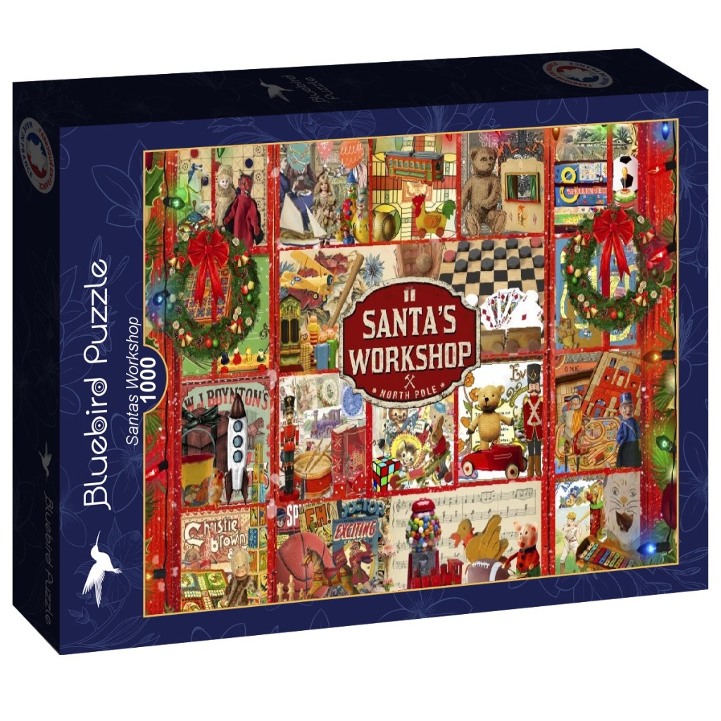 Collage of vintage toys and Christmas decorations arranged in a grid-like style with a Santa's Workshop sign.