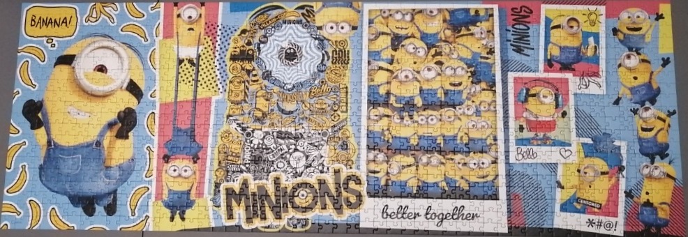 A collage featuring various illustrations of yellow Minions characters in a bright, graphic art style.