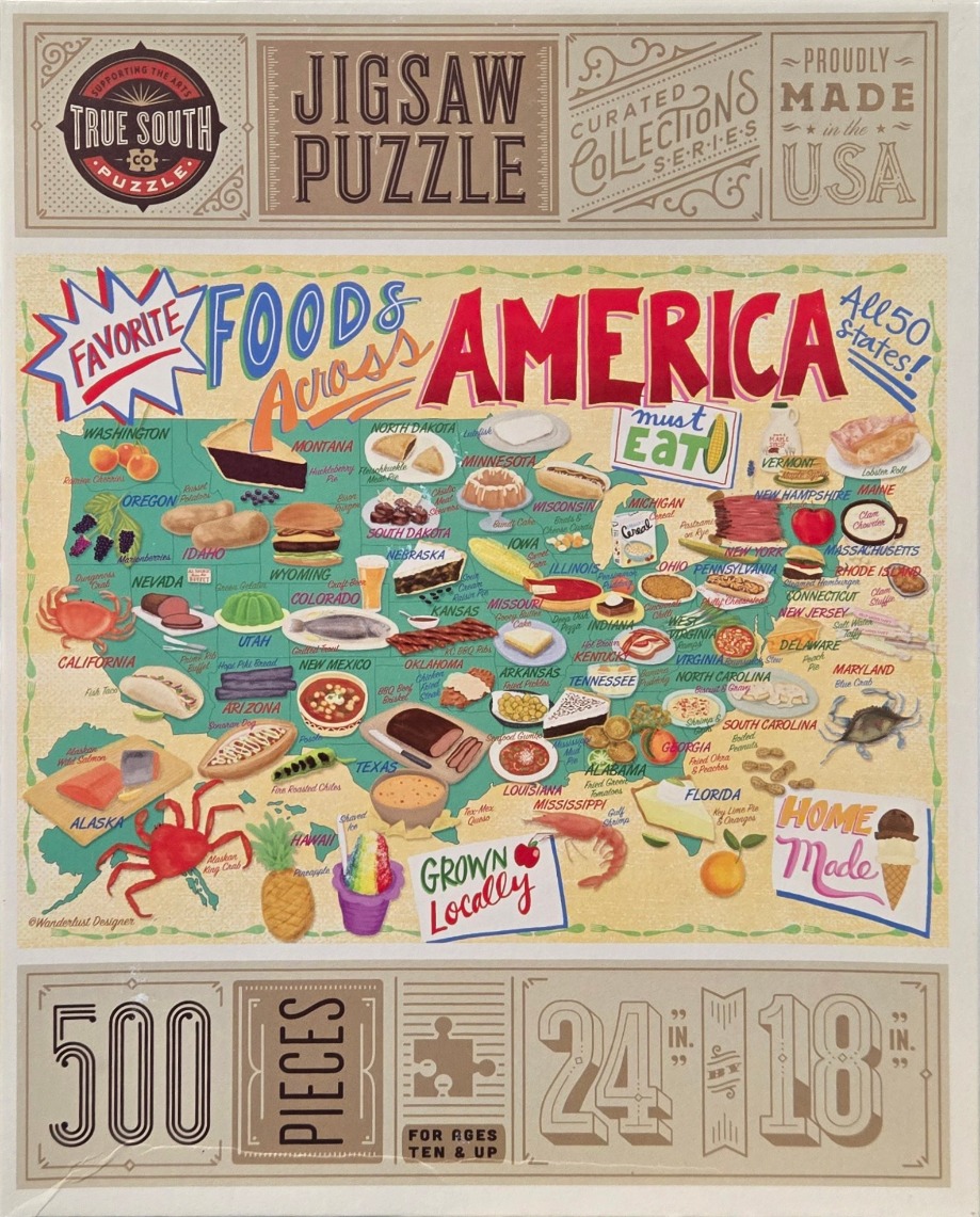 A whimsical map of the United States featuring iconic regional foods for each state, illustrated in a colorful, playful style