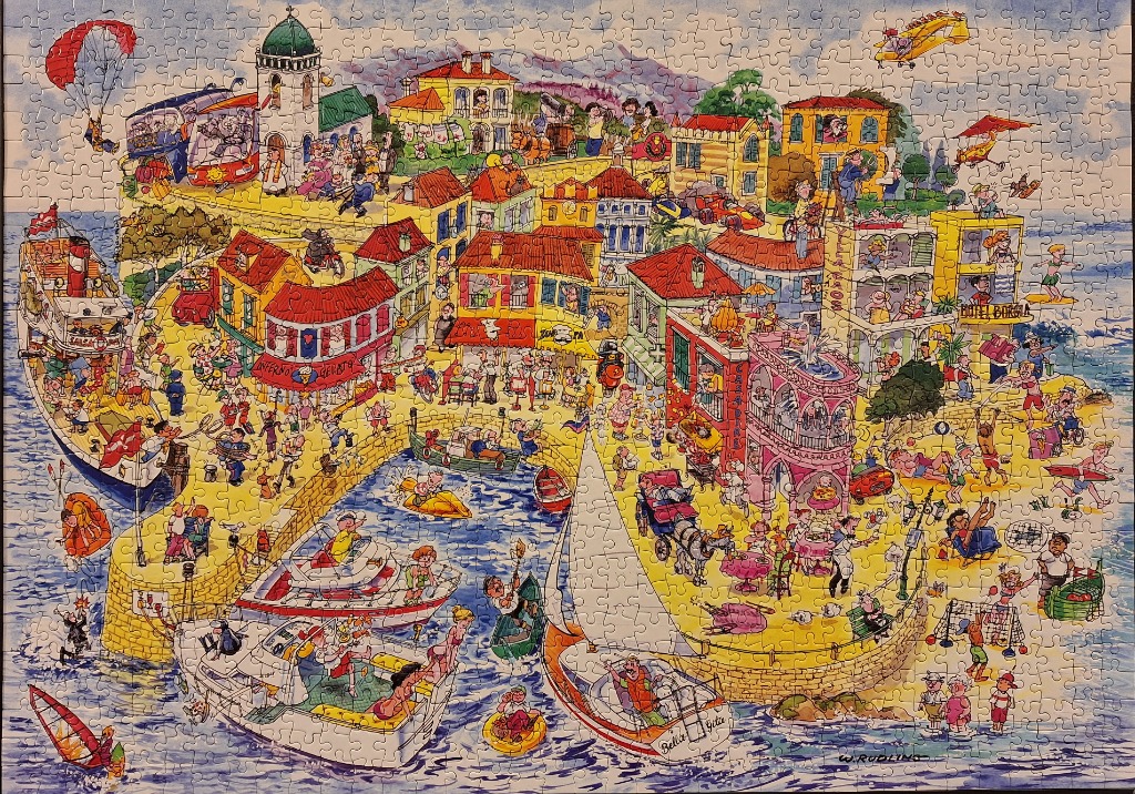 A busy cartoon illustration of a lively Mediterranean seaside town with boats, tourists, and colorful architecture.