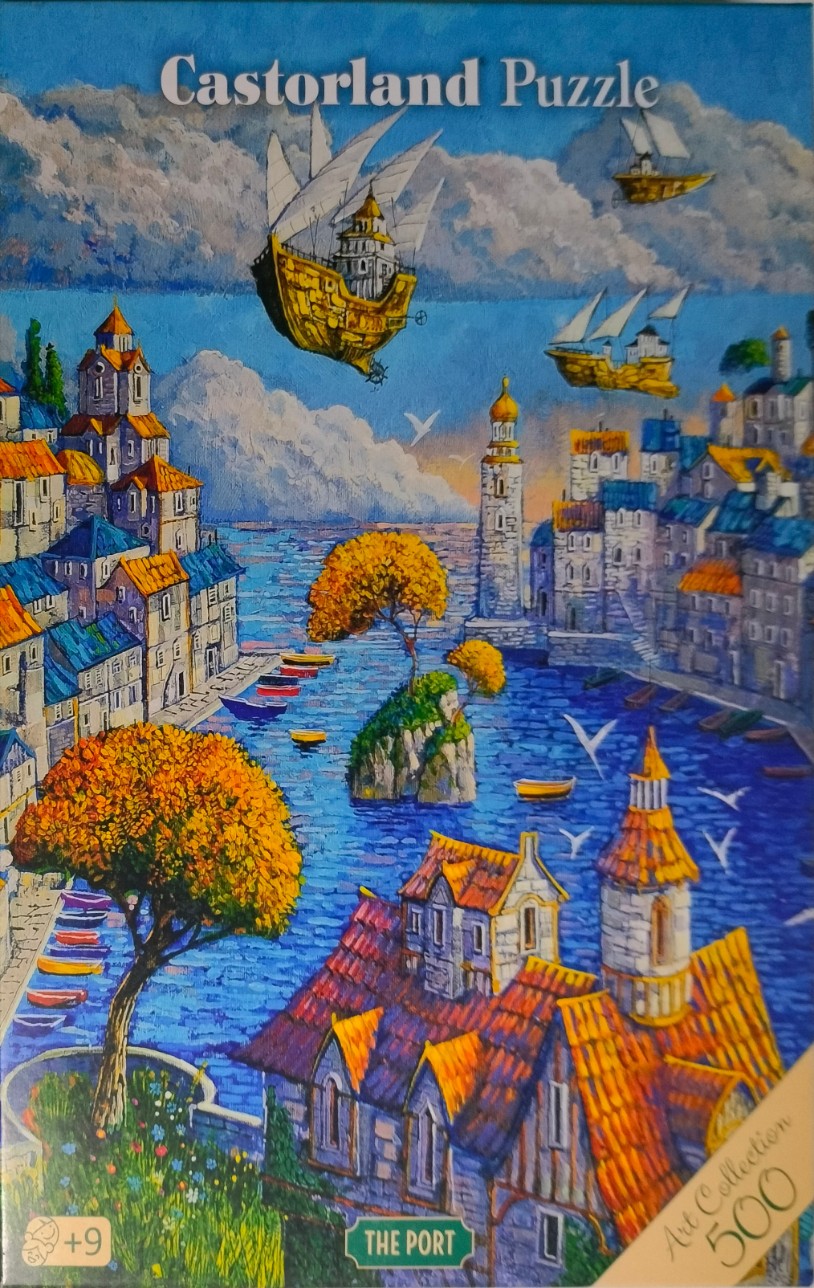 Fantasy harbor scene with floating ships over a Mediterranean-style town with orange-roofed buildings.