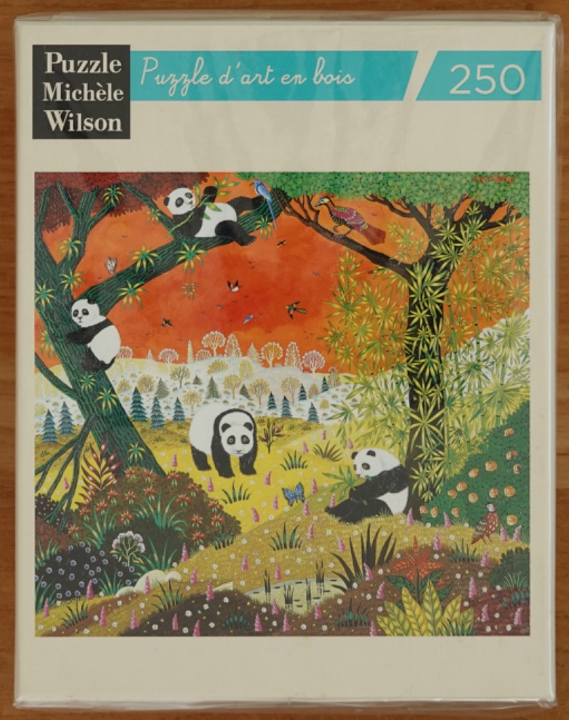 Illustrated scene of four pandas in a lush, stylized forest with a vibrant orange sunset backdrop.