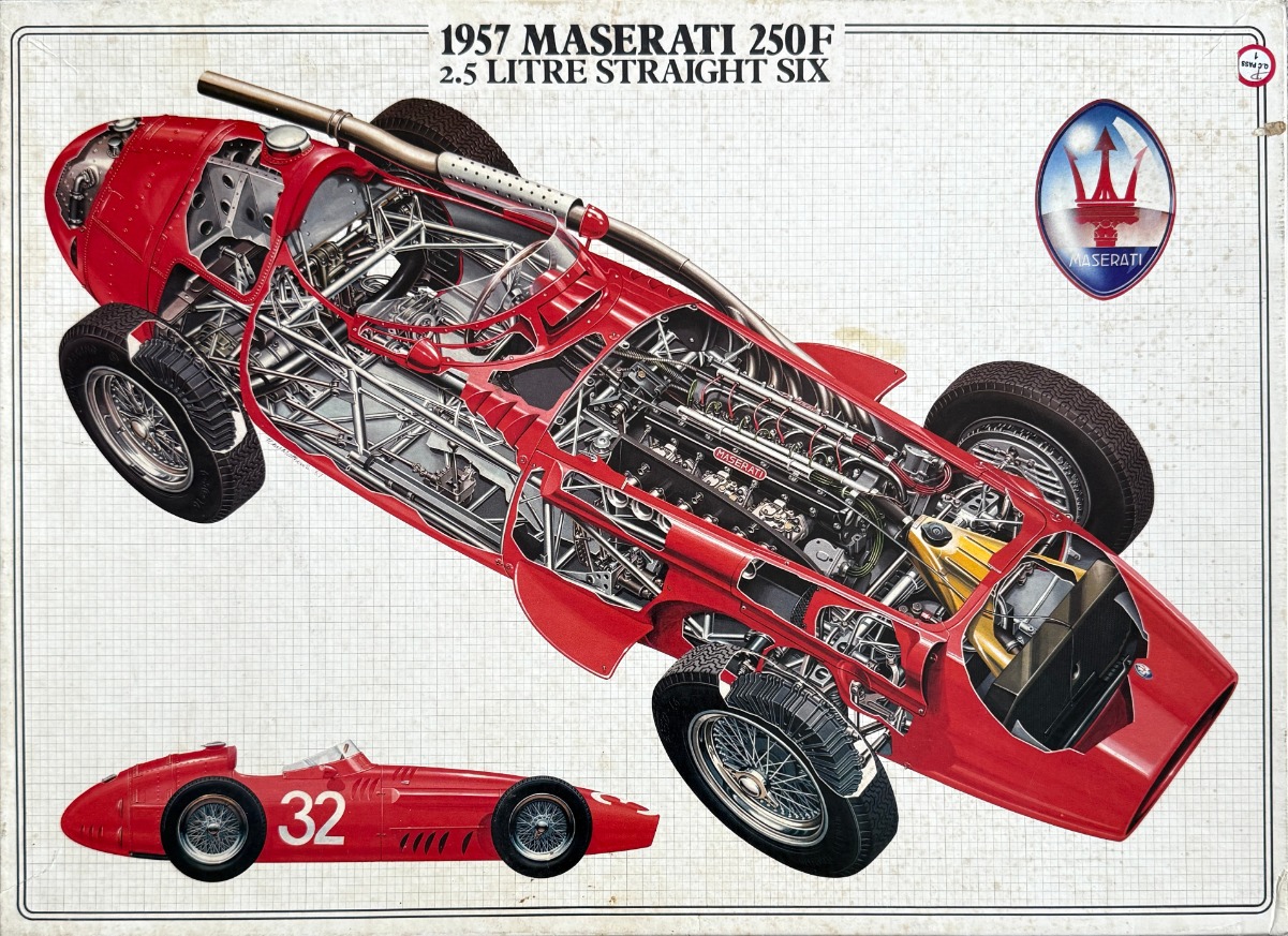Technical illustration of a red 1957 Maserati 250F race car with its internal engine and frame exposed.