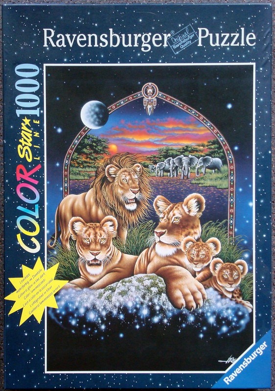 Fantasy illustration of a lion family resting in a savanna landscape framed by an arched portal against a starry night sky.