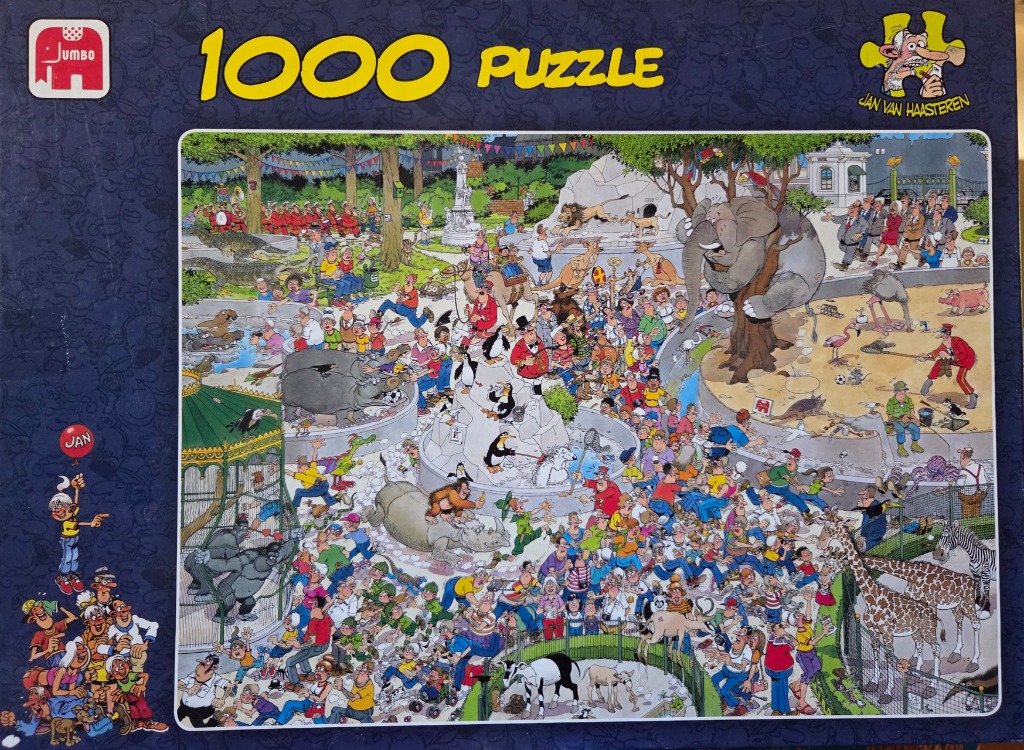 A crowded, humorous cartoon illustration of a bustling zoo scene with people and exotic animals.