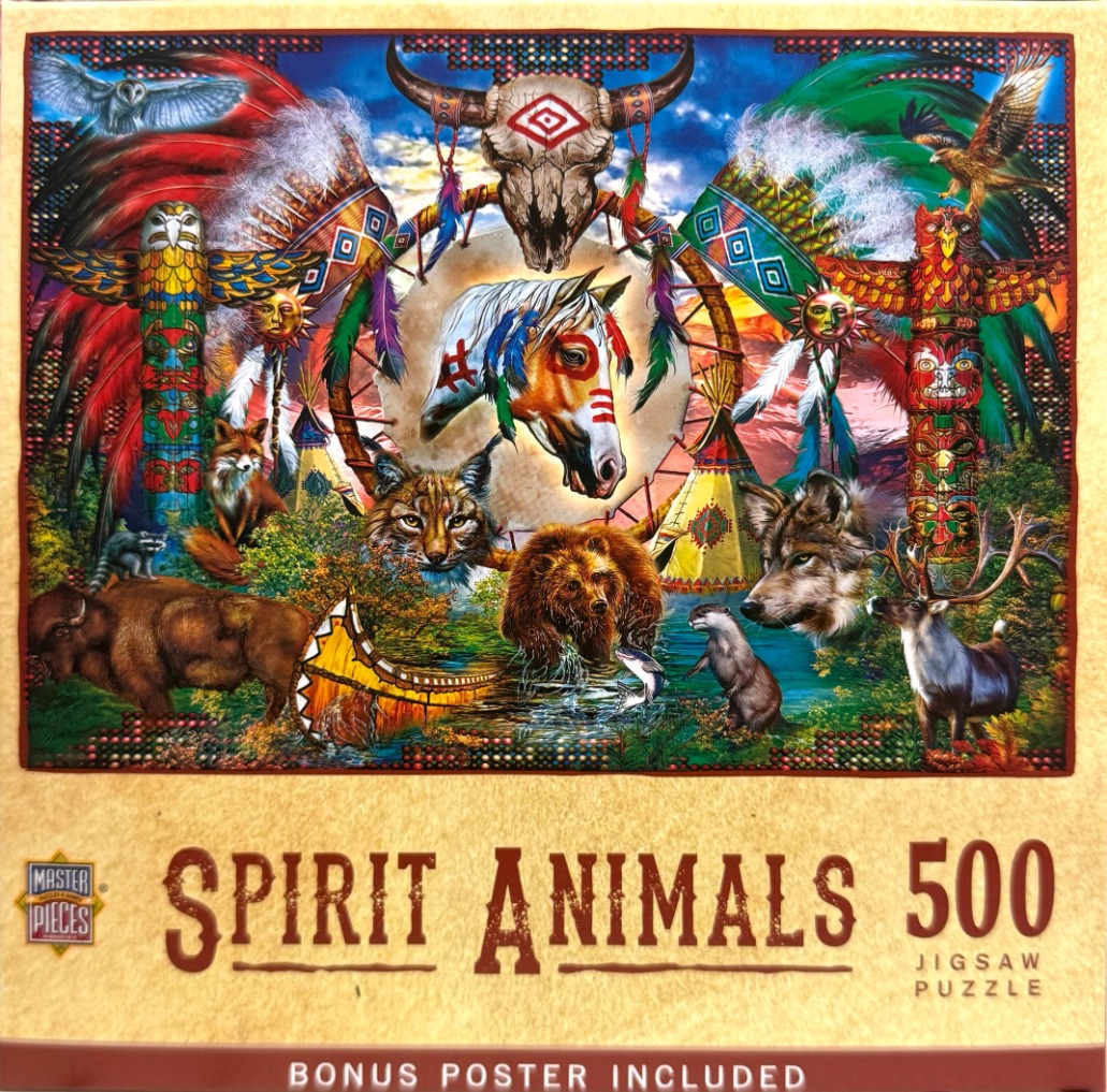 A montage of Native American-themed imagery featuring a horse, forest animals, totems, and a buffalo skull.