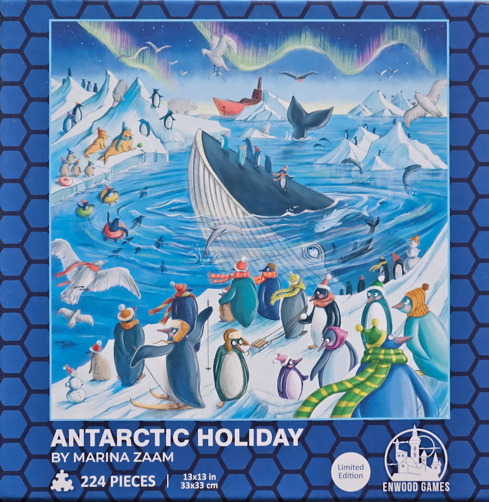 An illustration of penguins and a whale playing in an icy Antarctic scene under the aurora borealis.