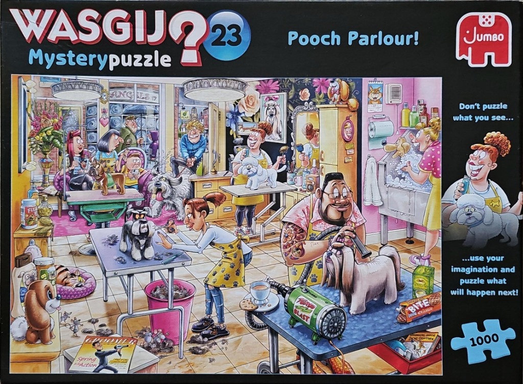 A busy cartoon scene of a dog grooming salon with various staff and canine customers.