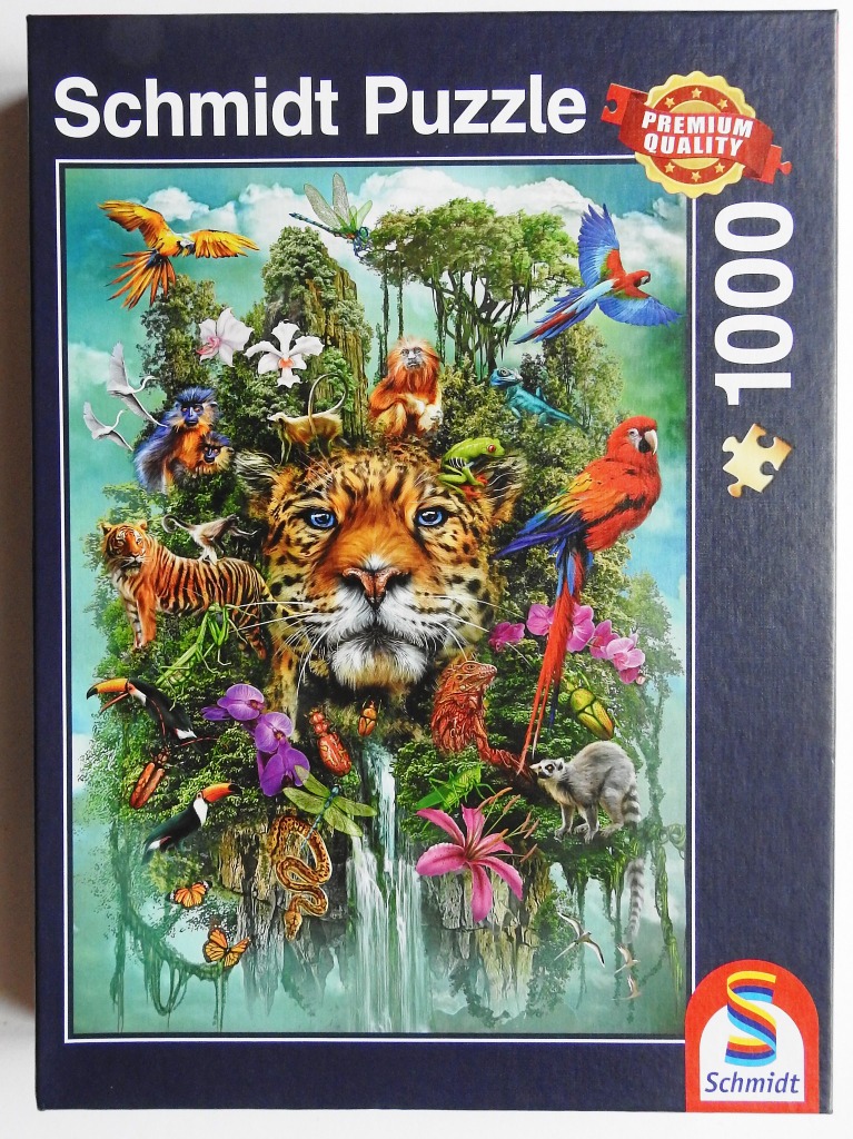 A lush rainforest scene featuring a large central jaguar head surrounded by various tropical animals and vibrant flowers.