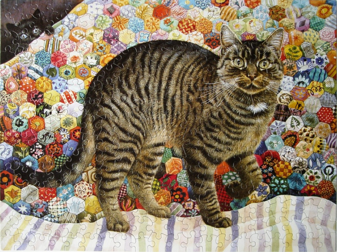 A tabby cat standing on a striped surface in front of a colorful hexagonal patchwork quilt background.