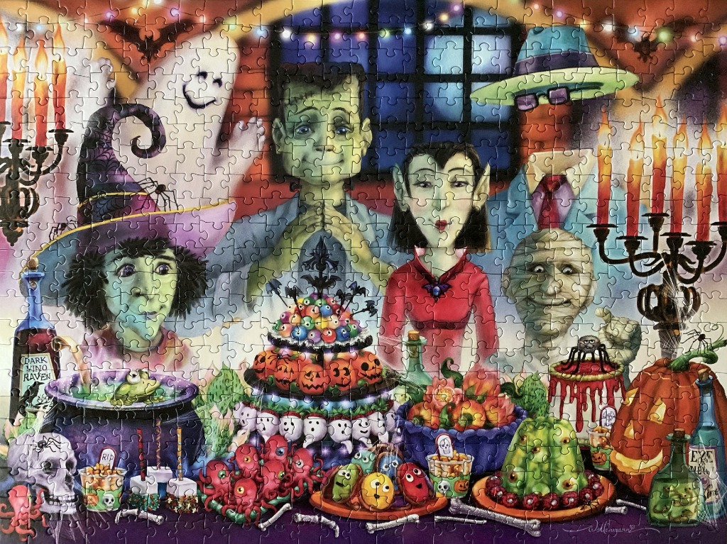A whimsical illustration of classic monsters gathering around a Halloween feast.