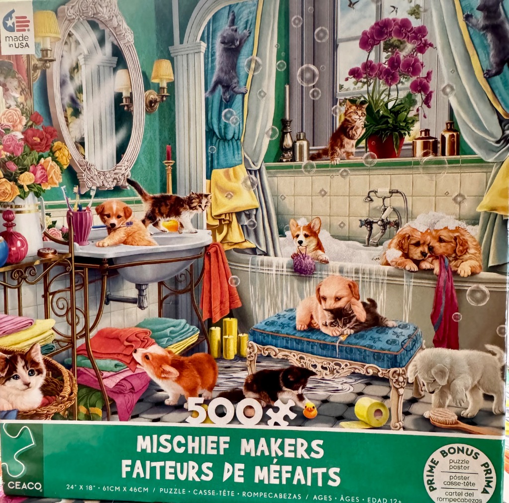 A whimsical illustration of many puppies and kittens playing in a bathroom filled with bubbles.