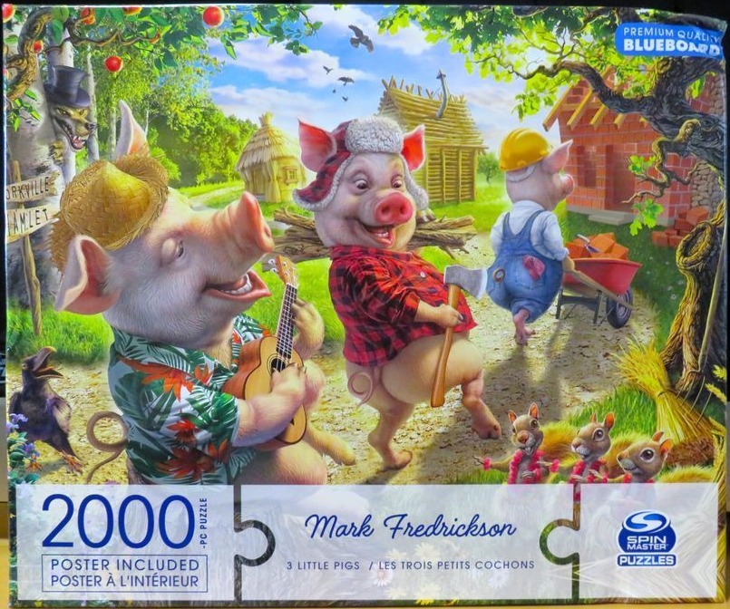 Three little pigs in a countryside scene, one playing a ukulele, one holding an axe, and one building a brick house.