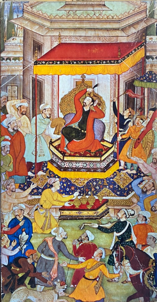 A traditional Mughal-style miniature painting depicting a ruler on a throne surrounded by courtiers and a cheetah.
