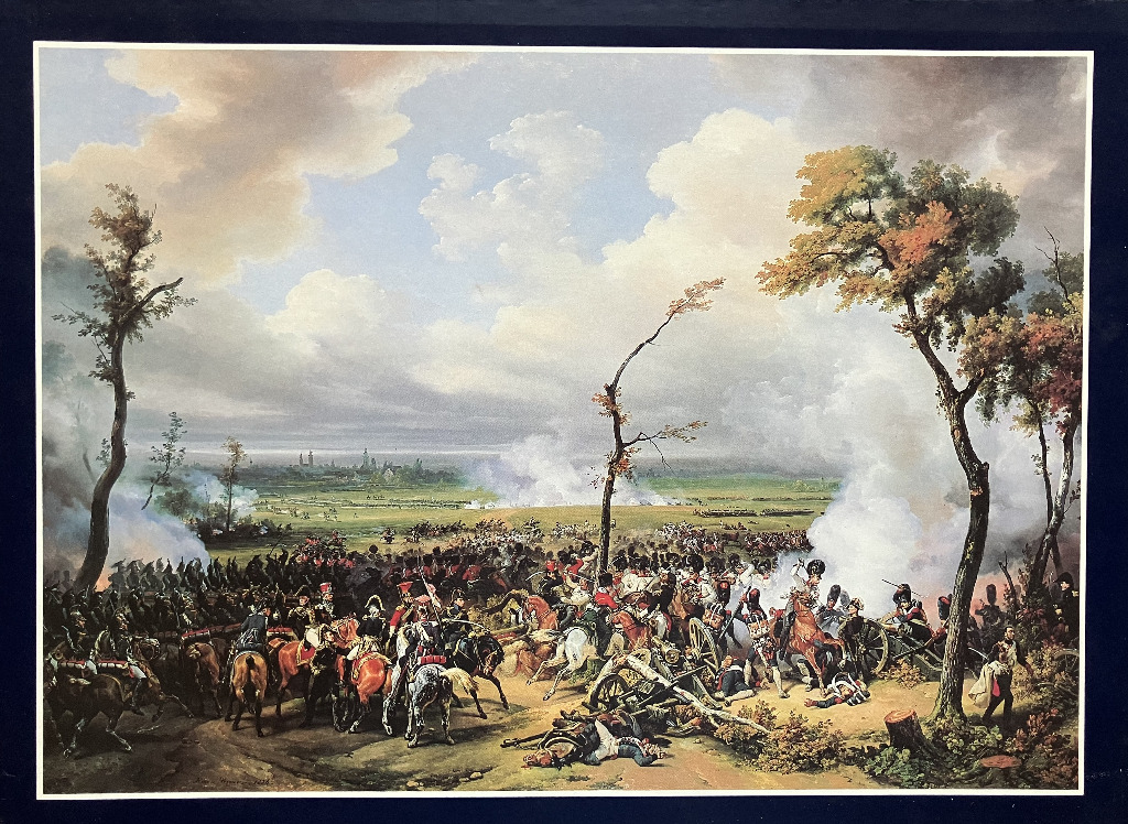 A historical oil painting of a Napoleonic-era battle scene with soldiers on horseback and artillery fire.