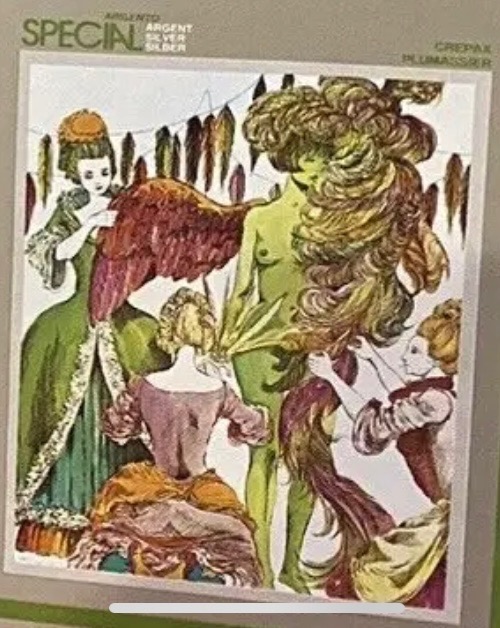 Stylized illustration of women in period clothing tending to a central figure adorned with elaborate feathers.