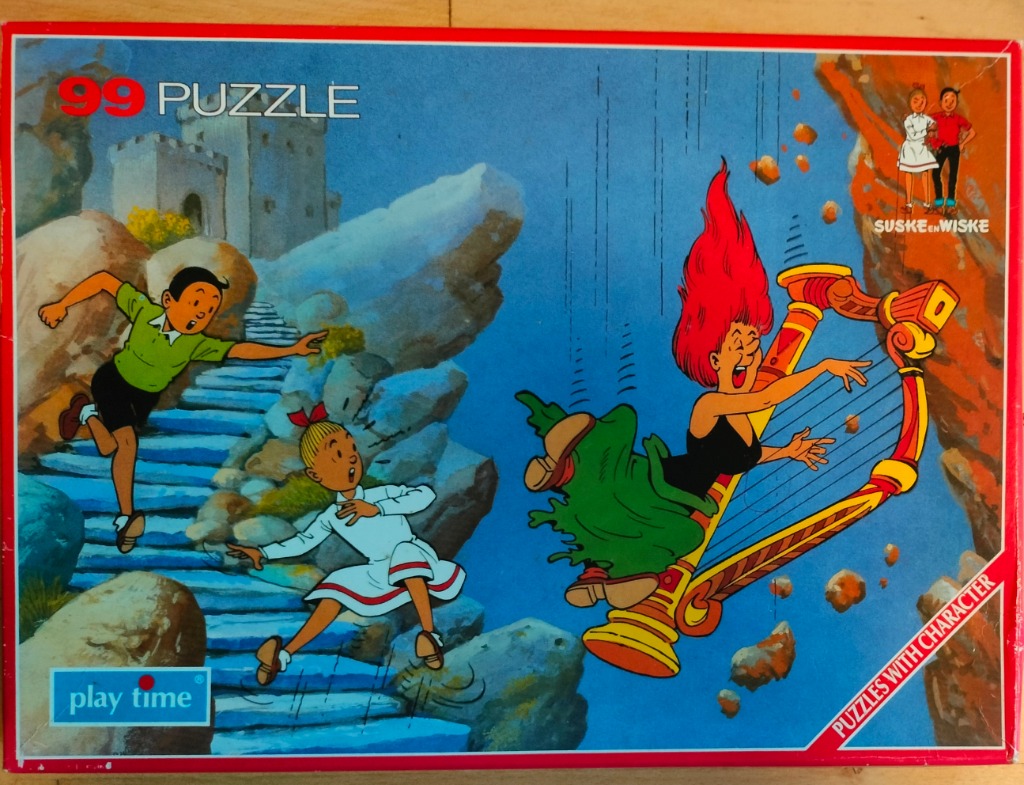 Illustration of two children running down stone stairs while a woman with red hair floats nearby playing a large harp.