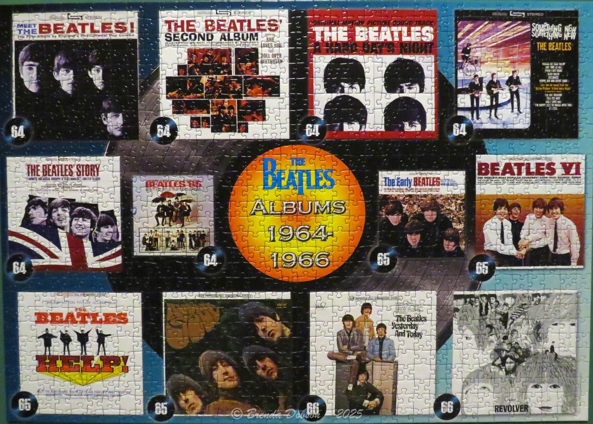 A collage of eleven Beatles album covers from 1964 to 1966 arranged over a dark blue background with small year labels.