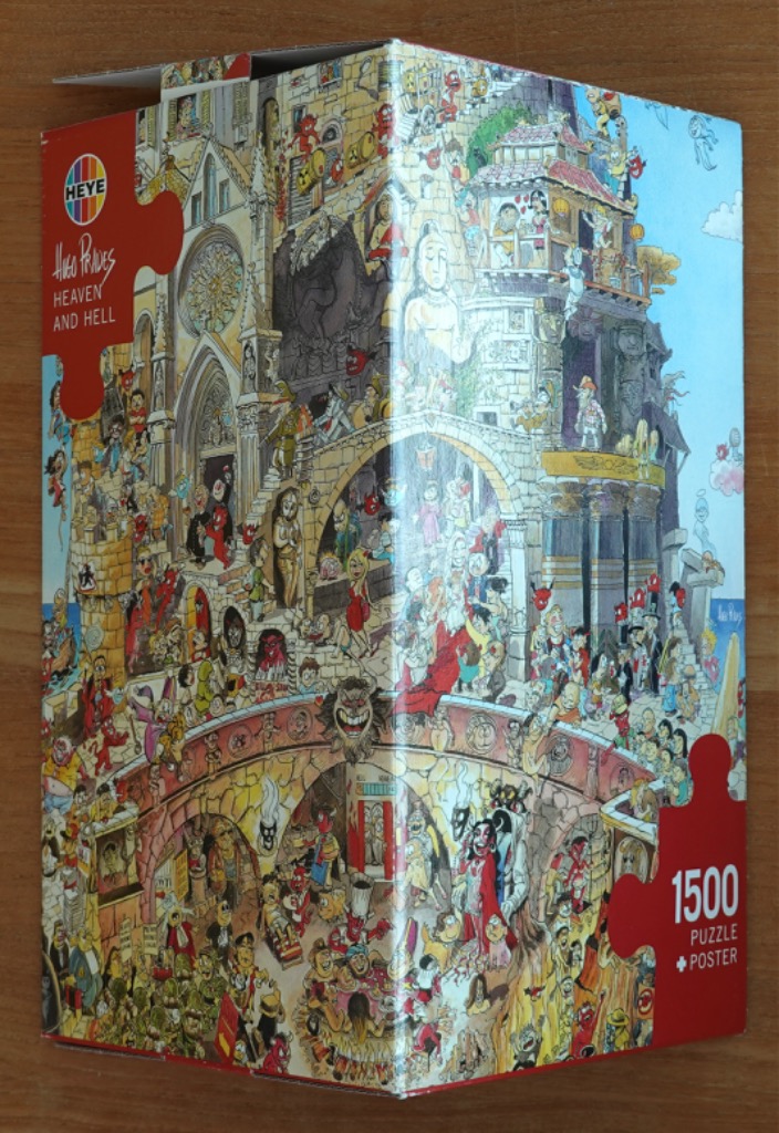 A whimsical cartoon illustration depicting a busy, chaotic scene split between a heavenly gothic cathedral and a hellish subt