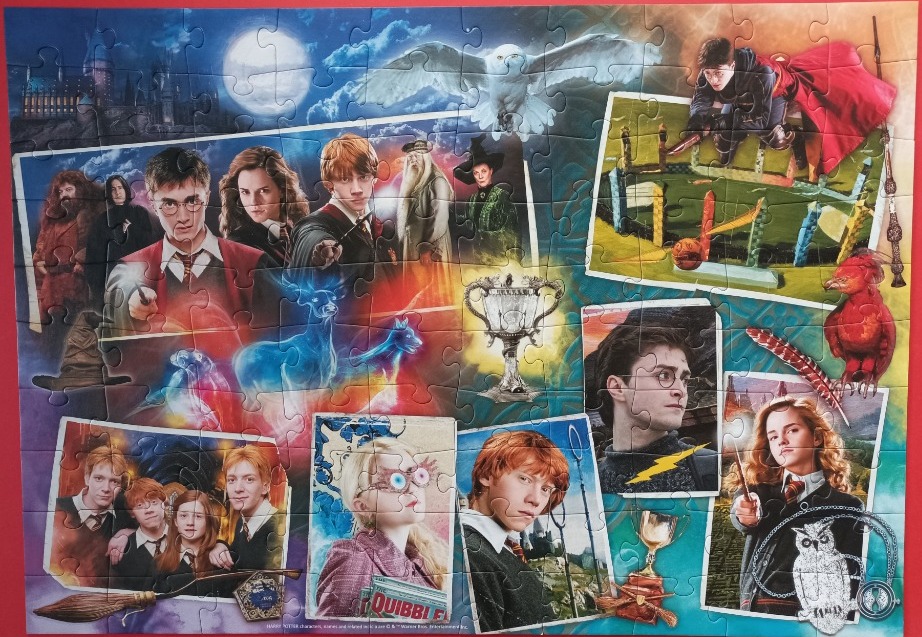 A collage of Harry Potter characters and scenes set against a backdrop of Hogwarts and magical elements.
