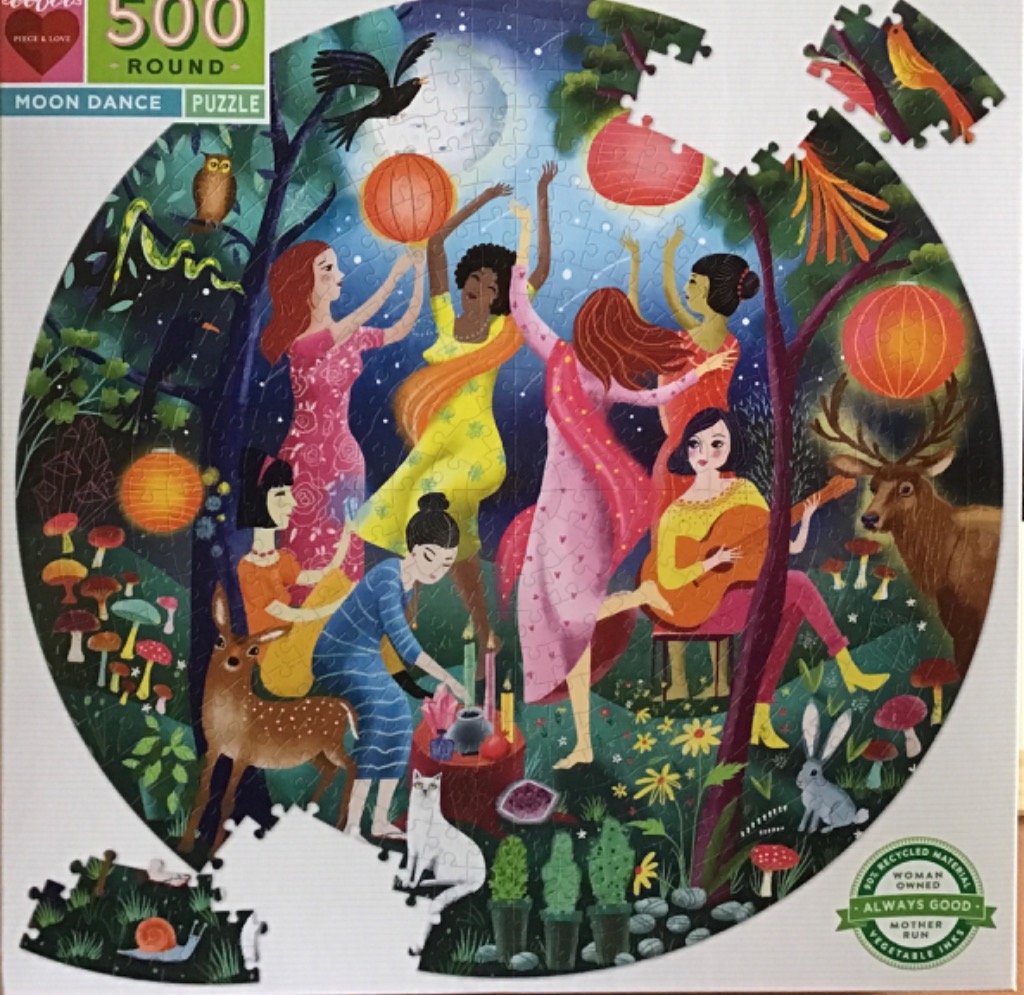 Illustration of women dancing in a magical forest at night under a full moon.