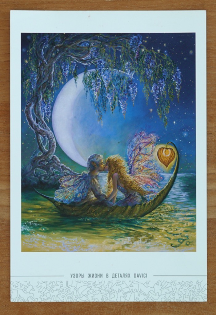 A fantasy illustration of two winged fairies kissing in a leaf boat under a crescent moon and weeping willow.