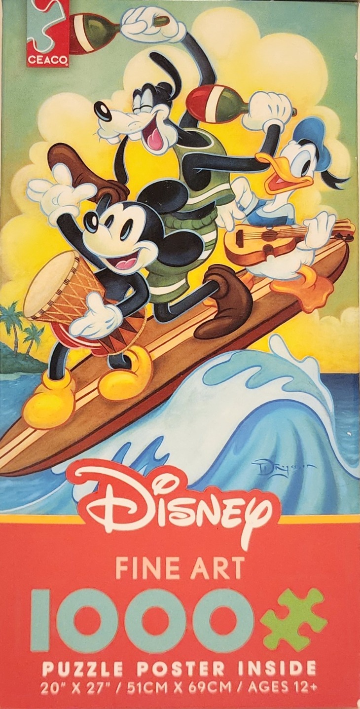 Mickey Mouse, Goofy, and Donald Duck surfing and playing musical instruments on a surfboard.