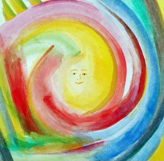 A watercolor painting of a sun face centered in a vibrant, multi-colored spiral.