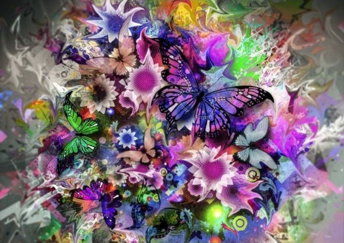 Abstract illustration of colorful butterflies and stylized flowers in a swirling, kaleidoscopic composition.