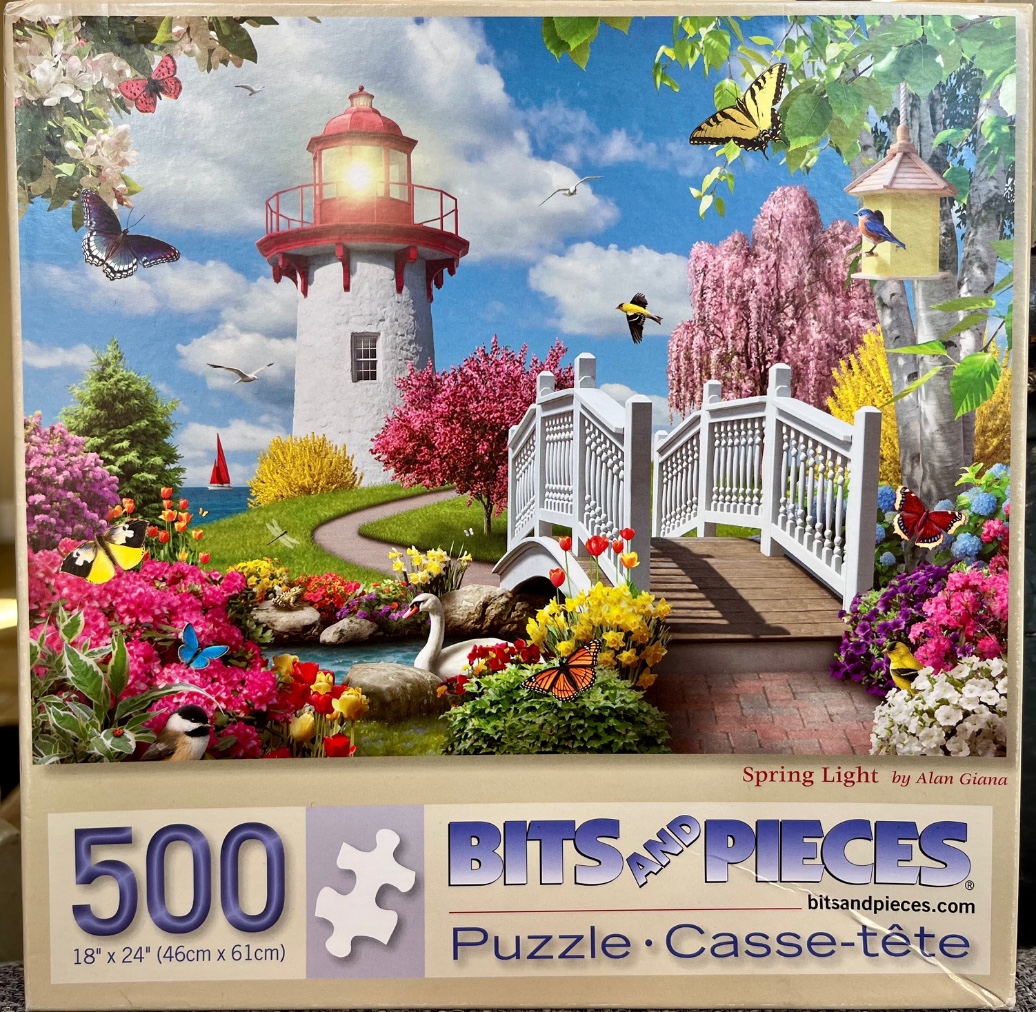 A lighthouse stands behind a wooden bridge in a vibrant spring garden filled with flowers, birds, and butterflies.