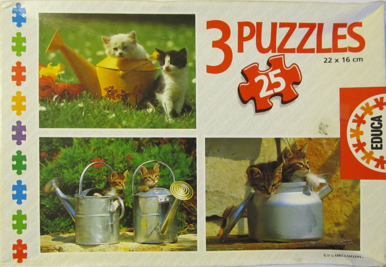 Three photographs of kittens hiding in gardening equipment and kitchenware outdoors.