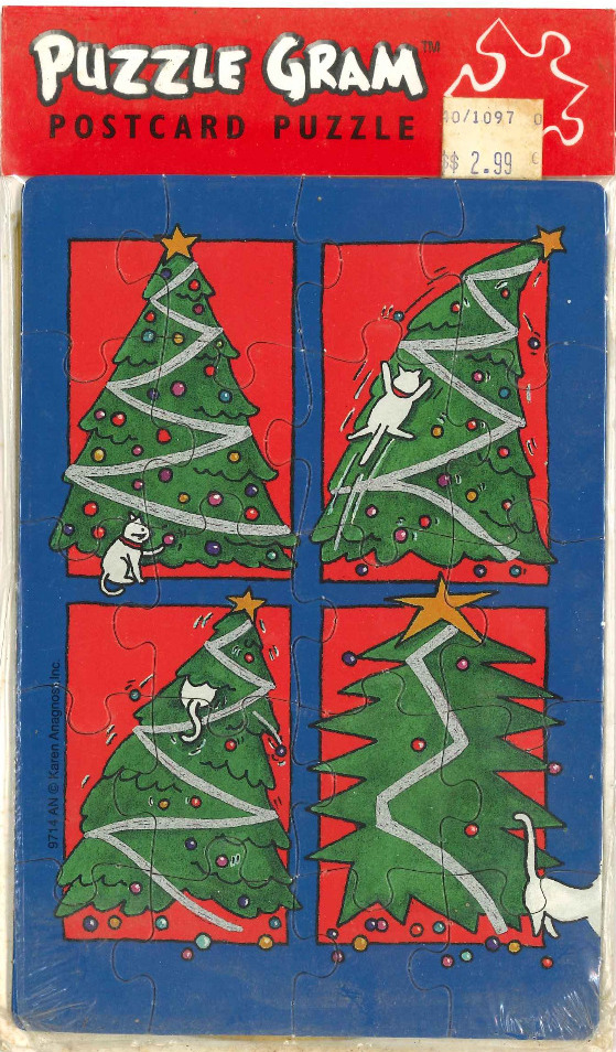 An illustration of four panels featuring Christmas trees being climbed or investigated by a mischievous white cat.