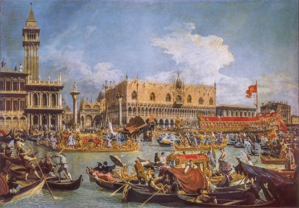 A bustling, historic Venetian canal scene featuring the Doge's Palace, St. Mark's Campanile, and ornate ceremonial barges.