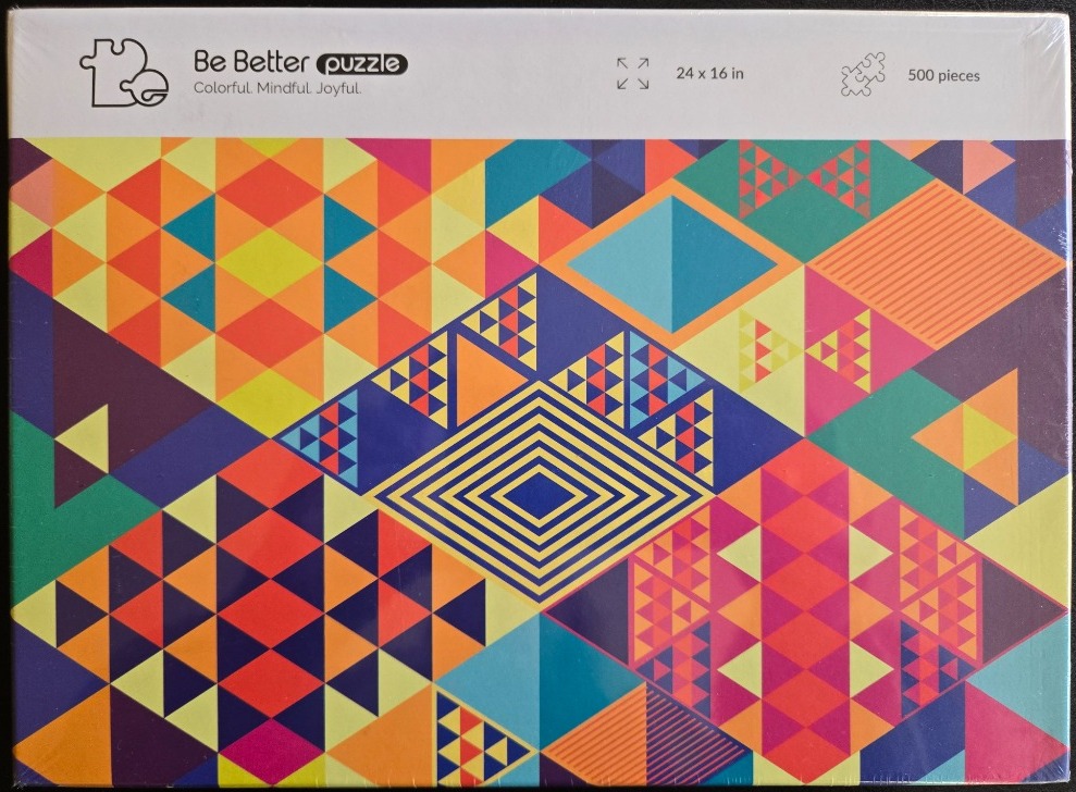 A vibrant geometric pattern composed of interlocking triangles, diamonds, and nested squares in a rainbow color palette.