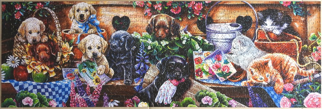 A panoramic scene featuring multiple puppies and kittens nestled among garden supplies and flowers.