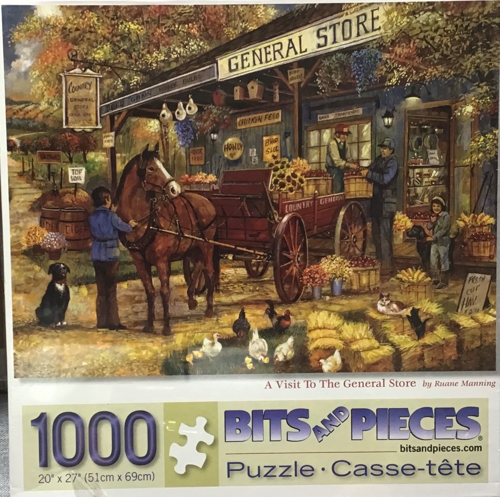 A nostalgic rural scene of a general store with a horse-drawn wagon, people, and farm animals.