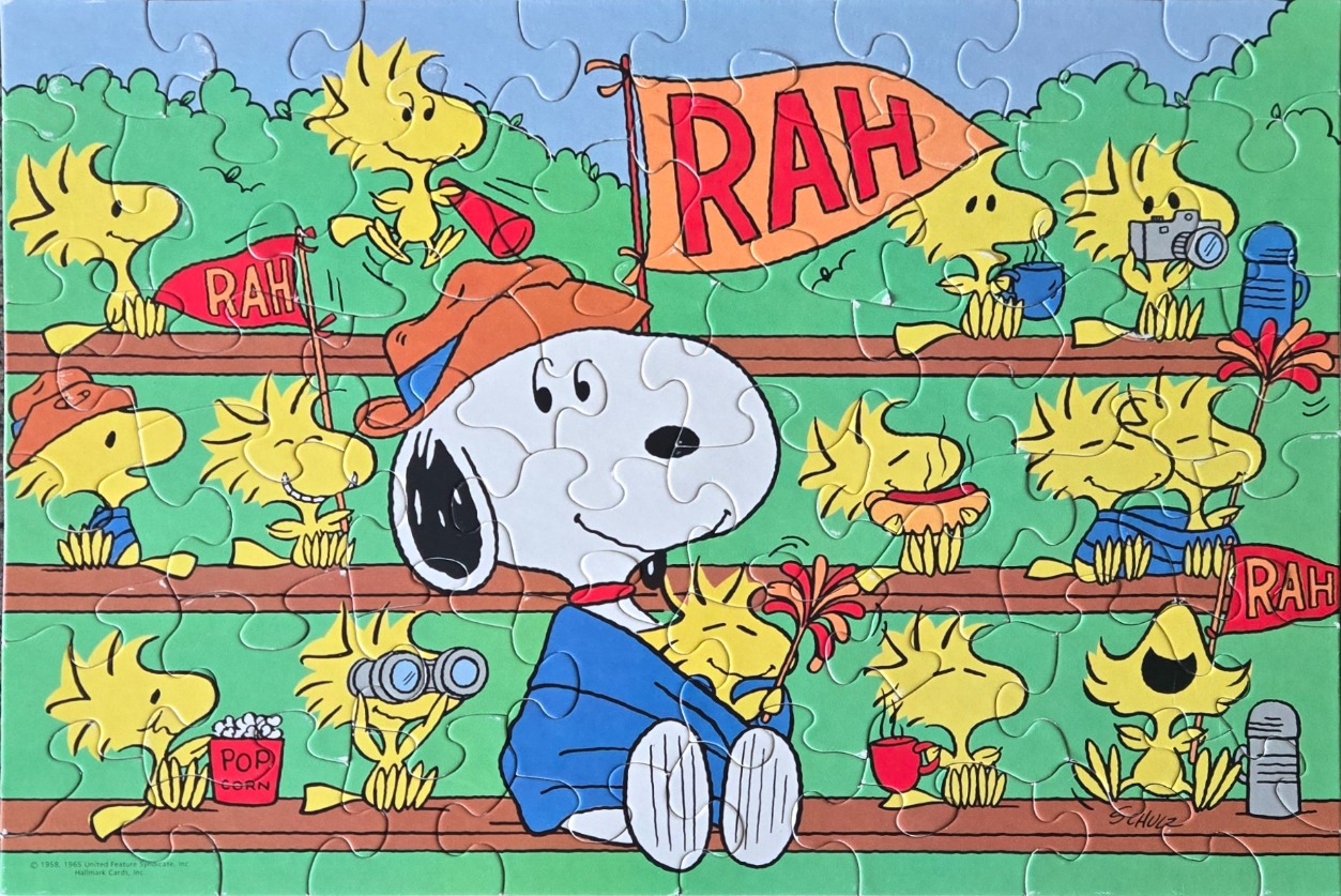 Snoopy and a flock of Woodstock birds cheering at a sporting event in a colorful cartoon illustration.