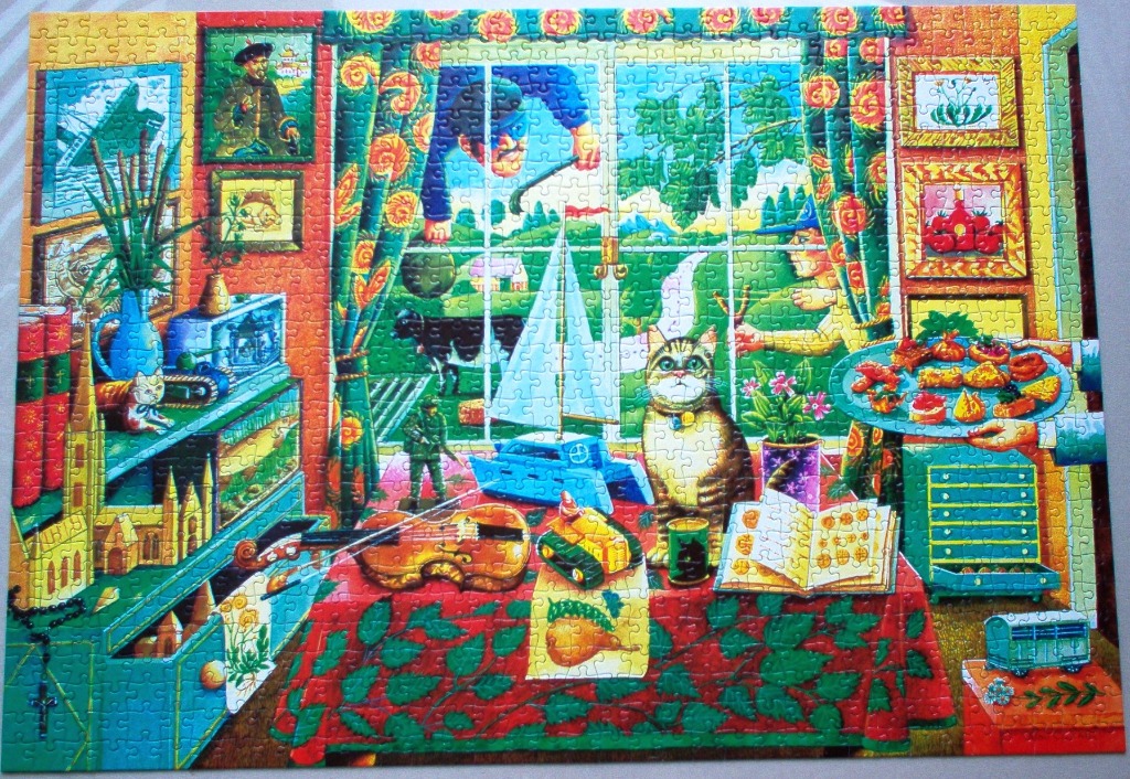 A colorful, whimsical illustration of a cluttered room with a cat, a window view, and various trinkets.