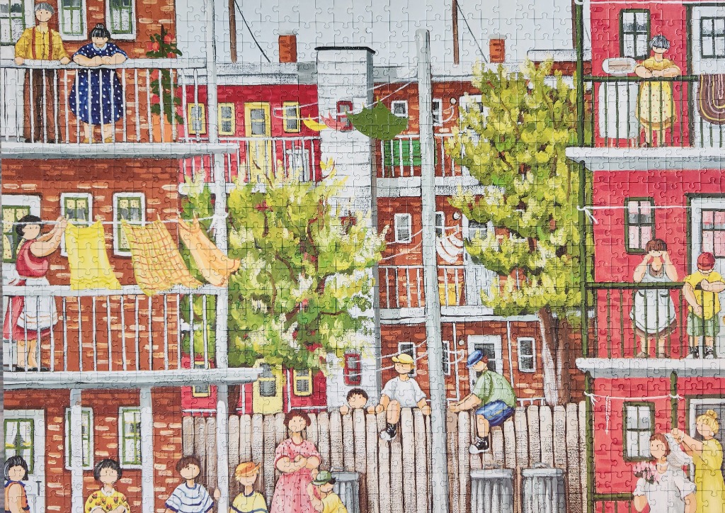Illustration of people on balconies and in a yard of a red brick apartment building complex