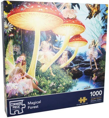 Fantasy illustration of fairies dancing beneath glowing giant red and white mushrooms in a lush forest.