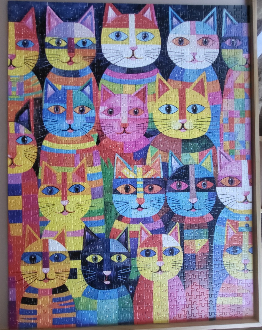 A vibrant folk-art style illustration of a crowd of colorful, patterned cats.