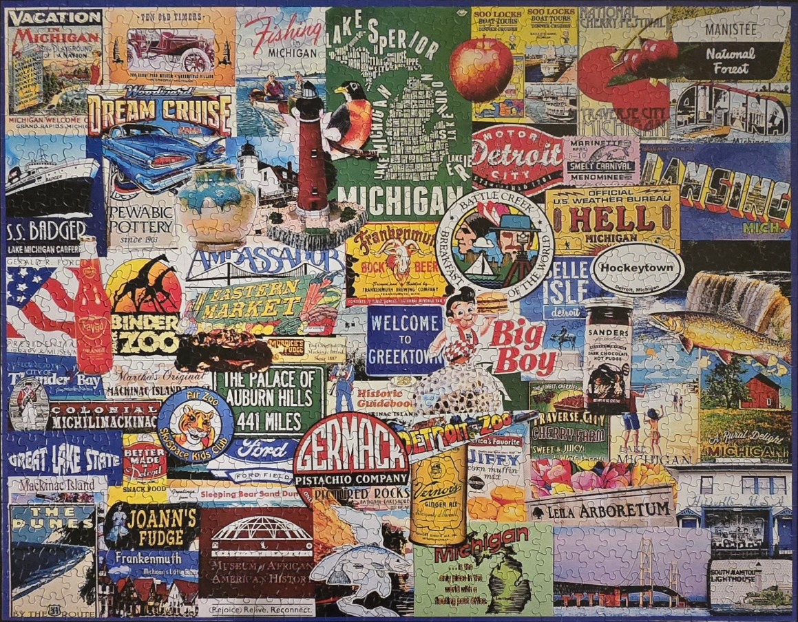 A collage of vintage-style Michigan travel advertisements, landmarks, and local icons.
