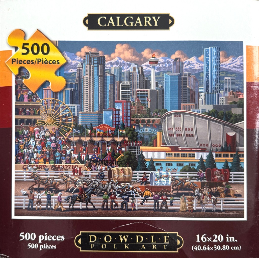 Folk art illustration of the Calgary skyline with a chuckwagon race in the foreground.