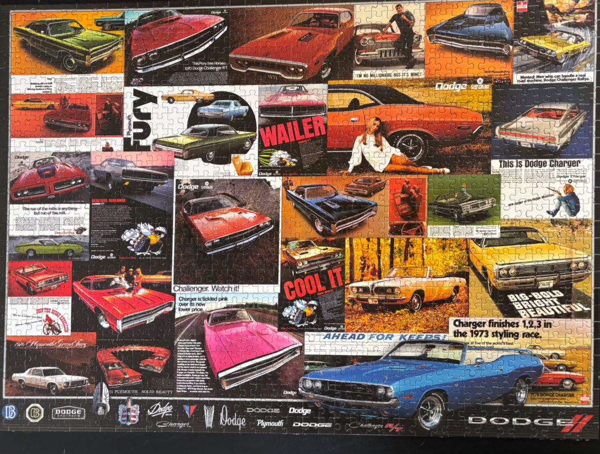 A collage of vintage Dodge and Plymouth car advertisements featuring various muscle cars, slogans, and lifestyle imagery.